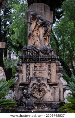 sculptural set of the memorial tomb owned by the Rullan Pastor family, Soller cemetery, Mallorca, Balearic Islands, Spain
