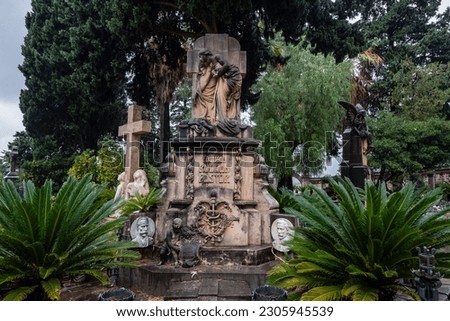 sculptural set of the memorial tomb owned by the Rullan Pastor family, Soller cemetery, Mallorca, Balearic Islands, Spain