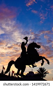 Sculpture Of Andrew Jackson In Jacksonville At Sunset Time.