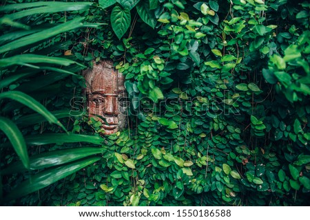 Sculpture carved from stone. Mayan symbol - Big stone head statue in a jungle