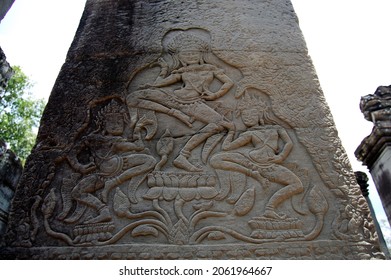 Sculpture carving apsaras or apsara angel deity female spirit of Prasat Bayon Castle or Jayagiri Brahma Temple for Cambodian people and traveler travel visit at Angkor Thom Wat in Siem Reap, Cambodia