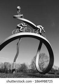 Sculpture Of Cyclists Of The Tour De France Of Aire Des Pyrénées In Black And White