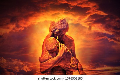 A sculpture expressing the most tender and basic of all emotions.It is vertical in configuration.It describes complex human emotions in a sensitive way. Loving sculpture of a mother holding a baby. 