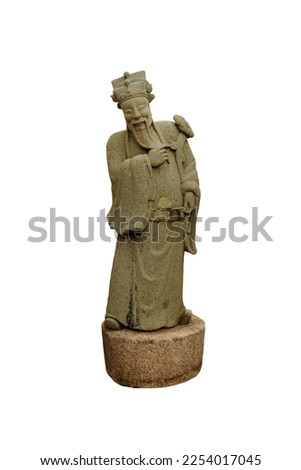 Sculpture figure granite carved antique Chinese philosopher isolated on white background. Ancient Stone Chinese man sculpture in Wat Pho temple in Bangkok, Thailand. 