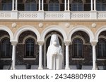 Sculpture of First President of Cyprus Archbishop Makarios III at entrance of Archibishop