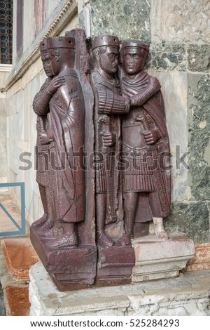 Sculpture of four Tetrarchs, late roman emperors, on wall of Palazzo Ducale (Doges Palace) on Piazza San Marco (Saint Mark square)