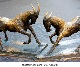 Sculpture Of Goats In The Old Town In Poznan, Poland.