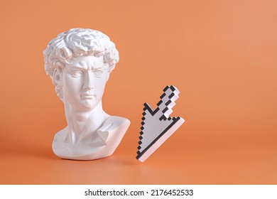 Sculpture head and bust of Michelangelo's David along with modern internet and web technologies pixel pointer mouse cursor. Minimal vaporwave pop concept. - Shutterstock ID 2176452533