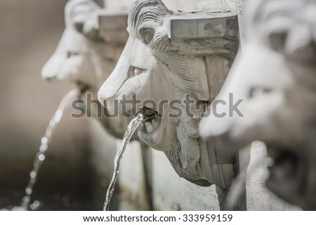 Sculpture of lion head fountains decorated in the park in closeup. 