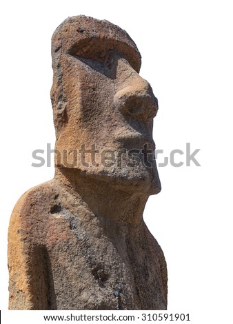 Sculpture of a Moai carved in volcanic stone from Easter Island Chile on white background