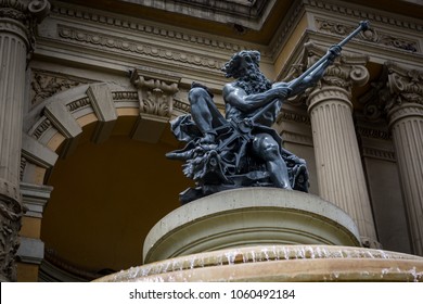 Sculpture Of Poseidon On The Top Of A Fountain At Santa Lucía Hill , Santiago De Chile, Chile.