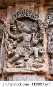 Sculptures of dancing Varaha, North East wall, Kedareshwara Temple, Halebid, Karnataka, India. Varaha is a incarnation of lord Vishnu.