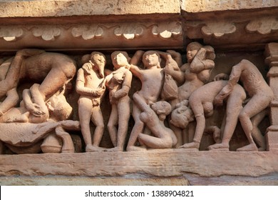Sculptures depicting people having sex on the walls of ancient temples of Kama Sutra in India kajuraho. UNESCO world heritage site. The most famous landmark in India. Temple of love
