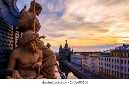 Sculptures on the roof of the historical bank and church of the Savior on Spilled Blood in Saint Petersburg, Russia