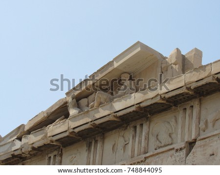 Sculptures in the pediment of the Parthenon at the Acropolis in Athens, Greece