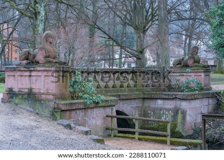 Sculptures sphinx in Fecht park at Munster (Haut-Rhin) France village.
