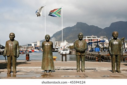 Sculptures At The Waterfront, Cape Town, South Africa. The Late Chief Albert Luthuli, Archbishop Emeritus Desmond Tutu, Former President FW De Klerk, Plus Nelson Mandela