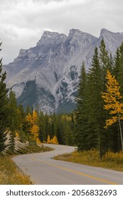 S-curve Road In Banff National Park In Autumn Season In The Beautiful Background With Mountains. Street View, Travel Photo, Selective Focus, Nobody