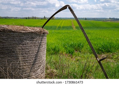 Scythe resting up against freshly harvested hay in a lush green farm field in spring in an agricultural landscape