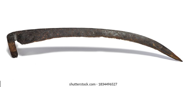 Scythe sickle tradition tools, instruments, implements and farm or household equipment in ancient, old-time and archaic style.