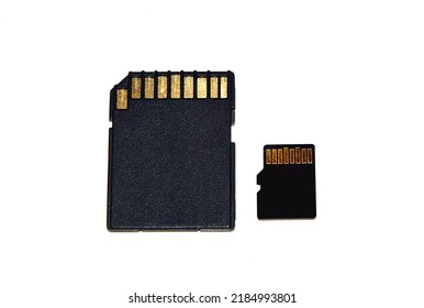 SD and Micro SD cards with gold-plated contacts  on white background ( 4 GB data cards with gold where there was no savings back then )