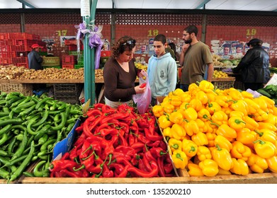 SDEROT - DEC 29 2009:Vegetables on display in Sderot market. Israel is a world-leader in agricultural technologies, while only 20% of the land is arable it produces 95% of its own food.