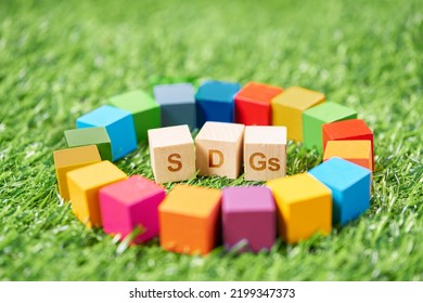 SDG Symbols And A Wooden Cube Stamped With The Letters SDGs.