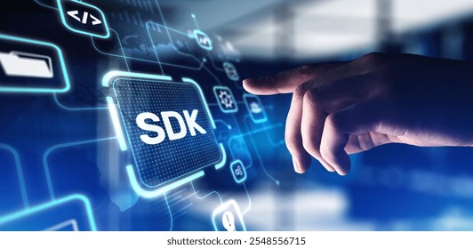 SDK Software Development Kit Enabling Application Development, projection on a virtual screen, Business and Technology Concept.
