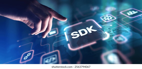 SDK Software Development Kit Enabling Application Development, projection on a virtual screen, Business and Technology Concept.
