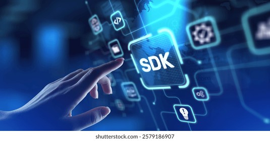 SDK Software Development Kit Enabling Application Development, projection on a virtual screen, Business and Technology Concept.