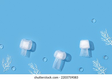 Sea Animals Jellyfish And Corals From Plastic Underwater, Creative Flat Lay Pollution World Ocean, Microplastics Pollution Ecology Problem. Environmental Issue, Plastic Pollution Concept.