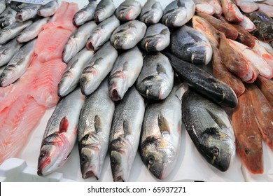 Sea Bass And Bream Fresh Fish At The Market