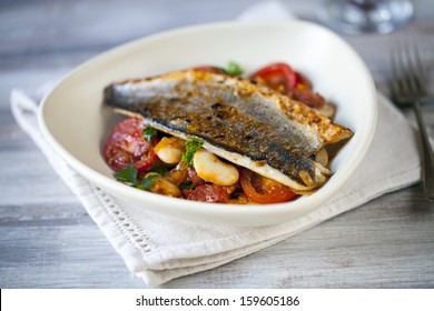 Sea Bass Fillet With Butter Bean And Chorizo Salad