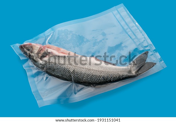 sea bass in vacuum sealed for sous vide\
cooking, isolated on blue\
background