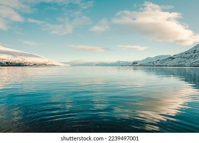 Sea bay with snowy mountains on coast landscape photo. Beautiful nature scenery photography with sky on background. Idyllic scene. High quality picture for wallpaper, travel blog, magazine, article - Shutterstock ID 2239497001