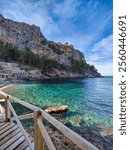 Sea bay with turquoise water, beautiful coastline landscape with rocky cliffs. Sa Calobra beach, Mallorca, Balearic Islands, Spain