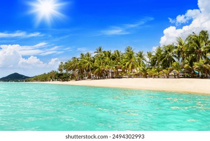 Sea beach panorama, paradise tropical island landscape, turquoise ocean water, palm trees, sand, sun blue sky white cloud, summer holiday, vacation, travel, MaeNam, Koh Samui, Thailand, Southeast Asia - Powered by Shutterstock