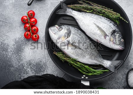 Sea bream or dorado raw fish on grill pan with ingredients on grey white textured background, top view space for text