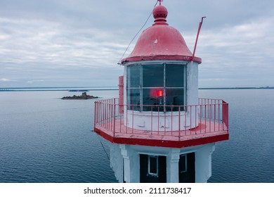 The Sea Canal lighthouse on a small island in the middle of the Gulf of Finland, Kronstadt forts, fairway, observation deck. Aerial close-up view - Powered by Shutterstock