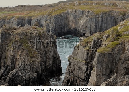 Sea cave and dramatic rock formations along the rugged coastline of Spillars Cove, Newfoundland and Labrador, Canada. Natural coastal landscape shaped by ocean erosion featuring unique geological features of the North Atlantic coast.