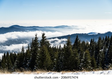 Sea of clouds, viewpoint from the summer road, Bucegi Mountains, Romania 
