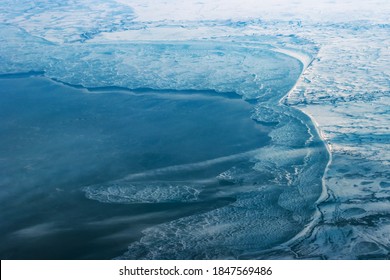 Sea Coast With Ice From A Bird's Eye View, Winter Landscape.