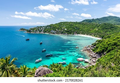 The sea coast of a tropical island. Sea resort panorama. Coastal beach on sea resort. Tropical island coast landscape