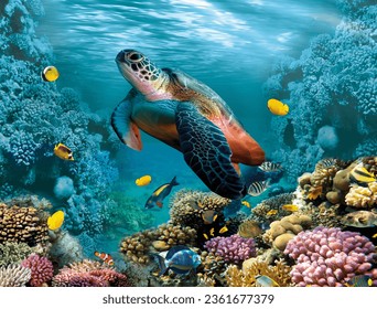 Mar Coral Tortuga Subacuática Mundo Vista superior para 3d pisos agua naturaleza peces mar coral egipto mar rojo