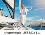 Sea, cruise and happy woman on yacht for travel, vacation or holiday with summer adventure in Greece. Smile, view and female tourist on boat in ocean to relax for tropical weekend trip or journey