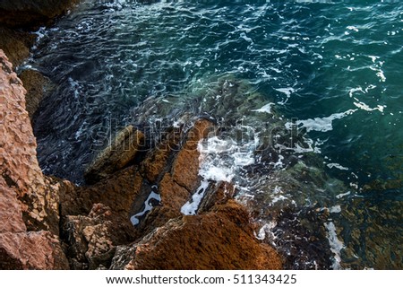 Similar – Image, Stock Photo Aerial Drone View Of Dramatic Ocean Waves Crushing On Rocky Landscape