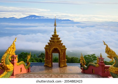 Sea of fog landscape under cloudy blue sky from Wat Phra That Doi Phra Chan in Lampang, the north of thailand..