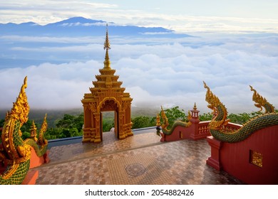 Sea of fog landscape under cloudy blue sky from Wat Phra That Doi Phra Chan in Lampang, the north of thailand..