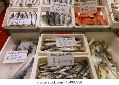 Sea Food At Billingsgate Fish Market In Poplar, London, UK.