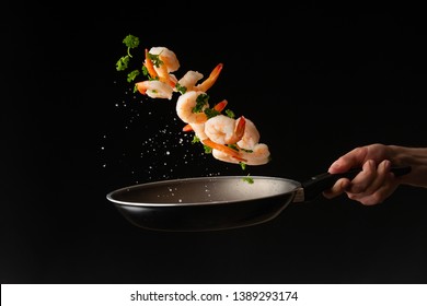 Sea Food, Cooking Shrimp With Herbs, On A Dark Background, Horizontal Photo, Healthy And Wholesome Food